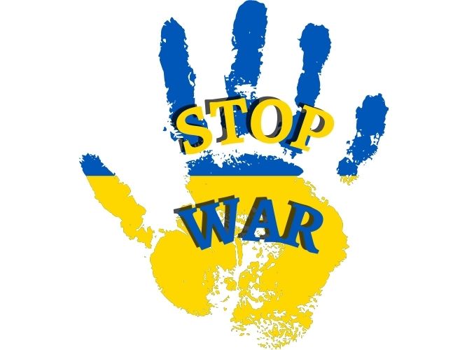 Et håndavtrykk i Ukrainas farger (gult og blått) med følgende tekst: Stop war!